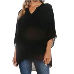 Cristina B Black Flowy Blouse  Tiered Hem Layered Top Small Split V Neck Shirt